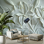 Fototapeten Weiße Blumenschnitzerei an einer Wand