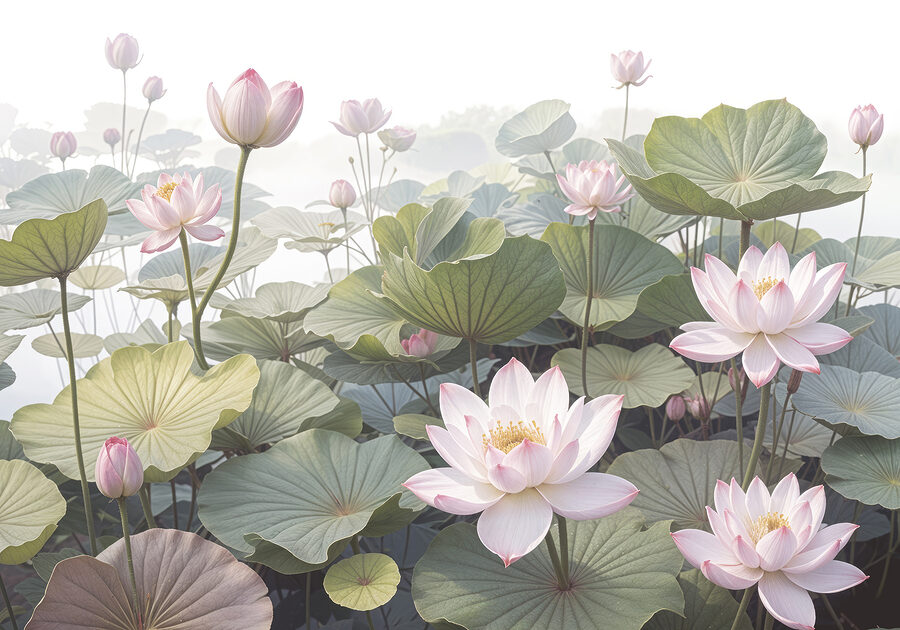 Gruppe von rosa Blüten und grünen Blättern