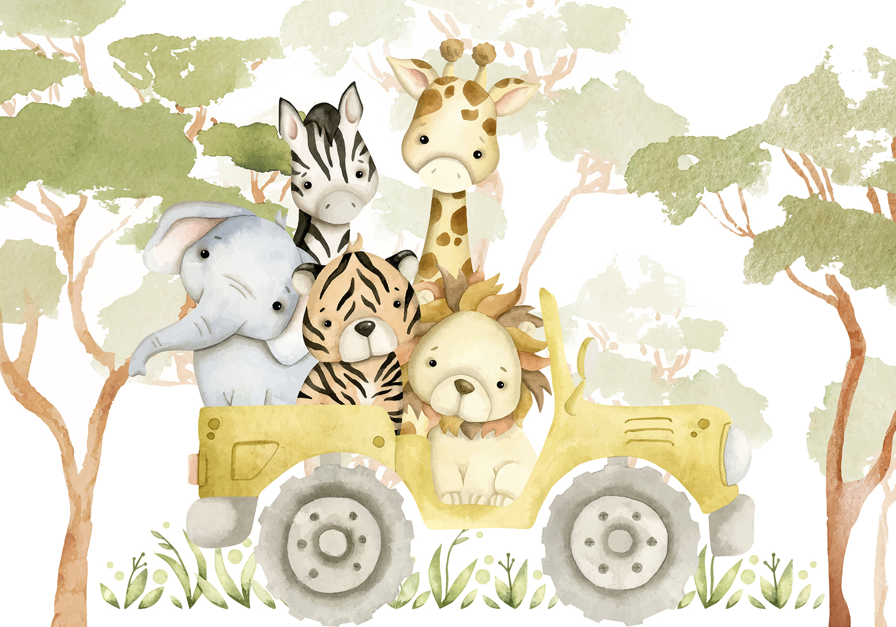Group of animals in a yellow truck