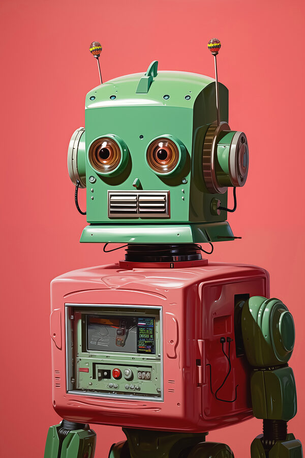 Grüner und rosa Roboter mit großen Augen Grüner und rosa Roboter mit großen Augen