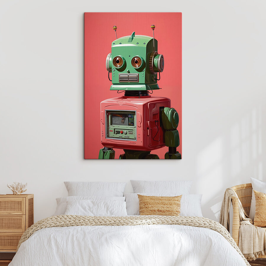 Grüner und rosa Roboter mit großen Augen