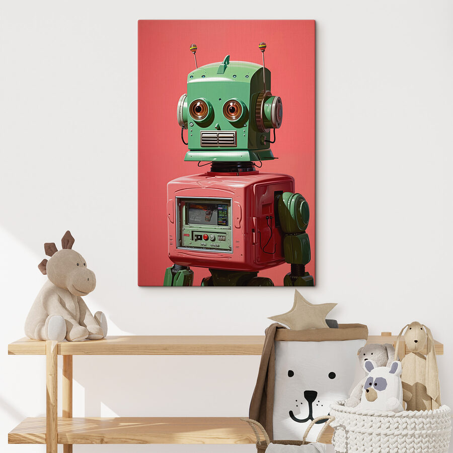 Grüner und rosa Roboter mit großen Augen