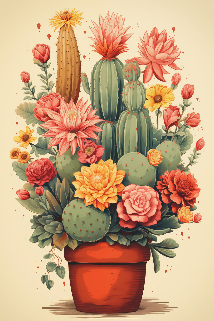 Kaktus und Blumen in einem Topf