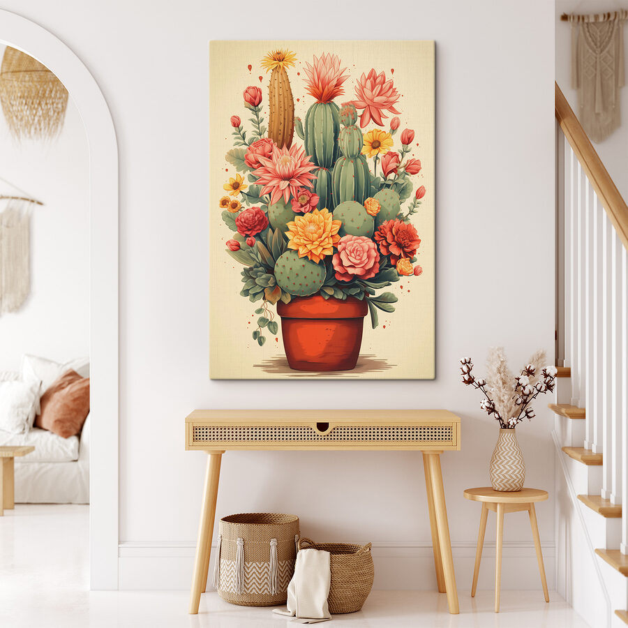 Kaktus und Blumen in einem Topf