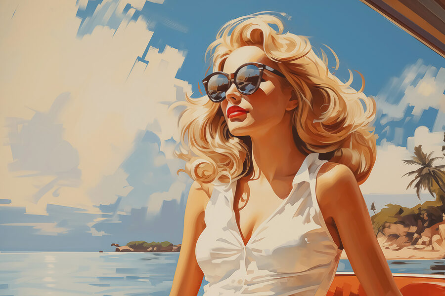 Frau mit Sonnenbrille und einem weißen Kleid Frau mit Sonnenbrille und einem weißen Kleid