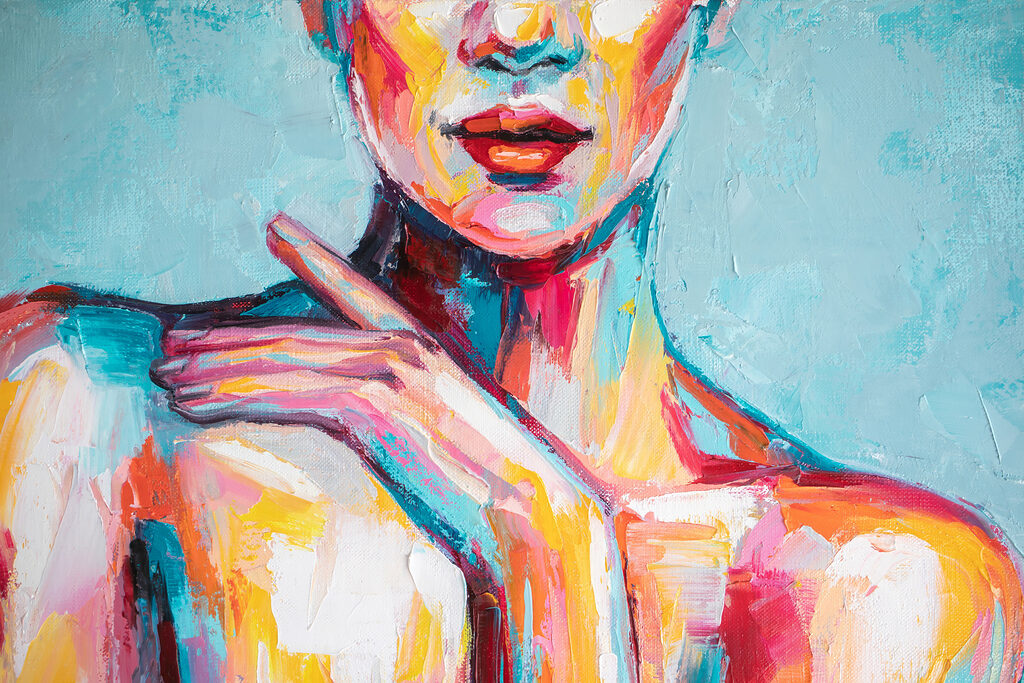 Painting of a woman with her hand on her shoulder Painting of a woman with her hand on her shoulder