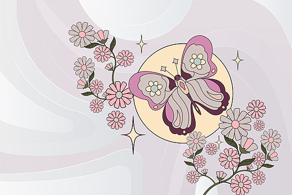Schmetterling und Blumen auf einem weißen Hintergrund Schmetterling und Blumen auf einem weißen Hintergrund