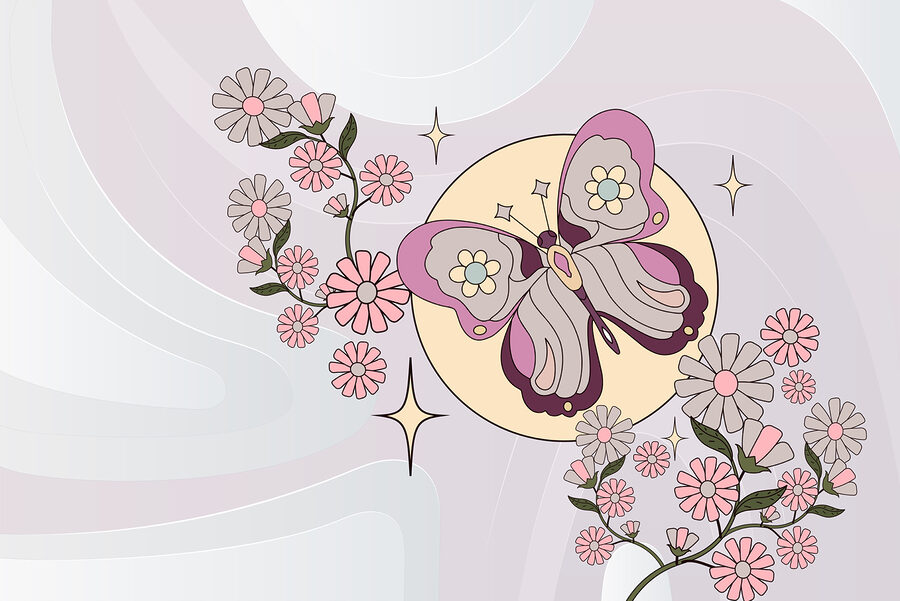 Schmetterling und Blumen auf einem weißen Hintergrund