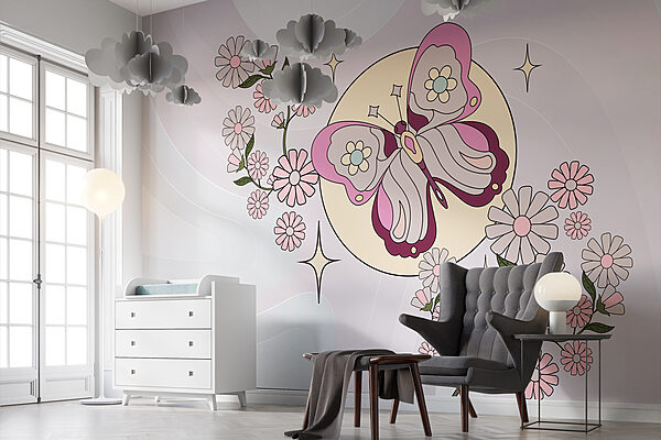 Schmetterling und Blumen auf einem weißen Hintergrund Schmetterling und Blumen auf einem weißen Hintergrund