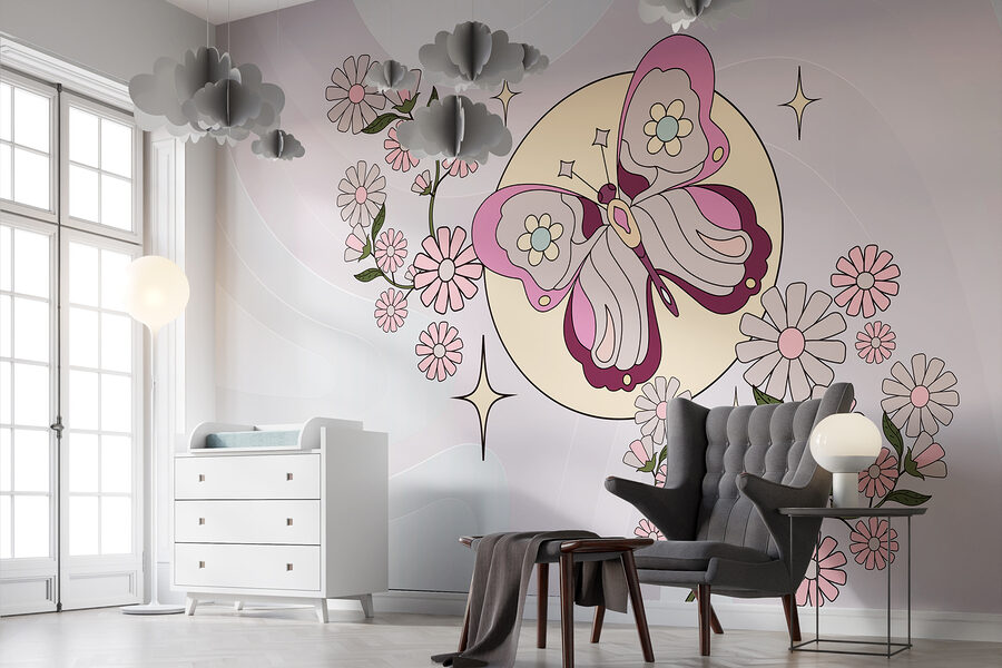 Schmetterling und Blumen auf einem weißen Hintergrund