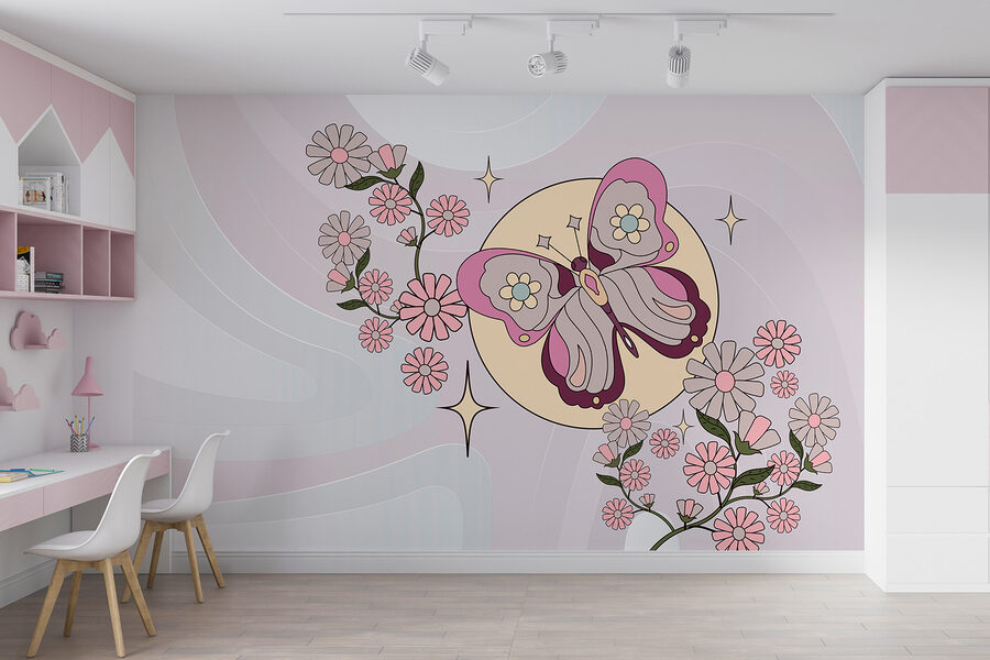 Schmetterling und Blumen auf einem weißen Hintergrund