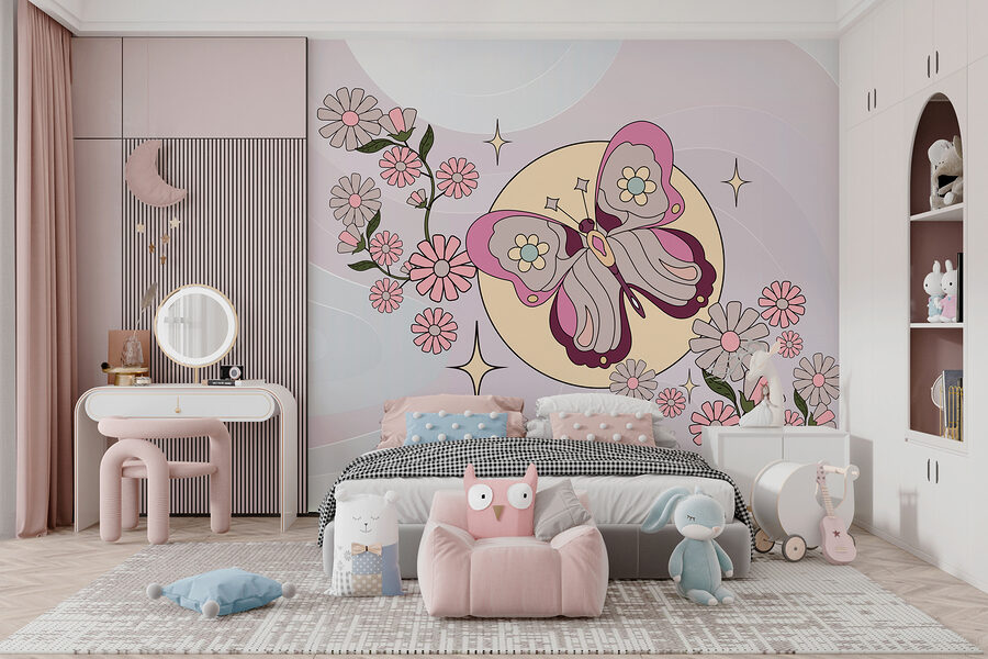 Schmetterling und Blumen auf einem weißen Hintergrund