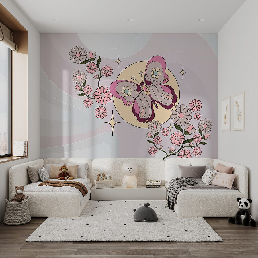 Schmetterling und Blumen auf einem weißen Hintergrund