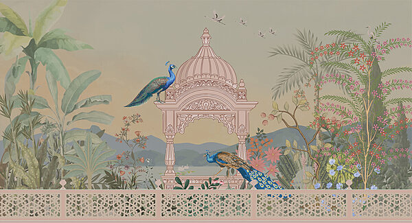 Mural of a building with a roof and birds