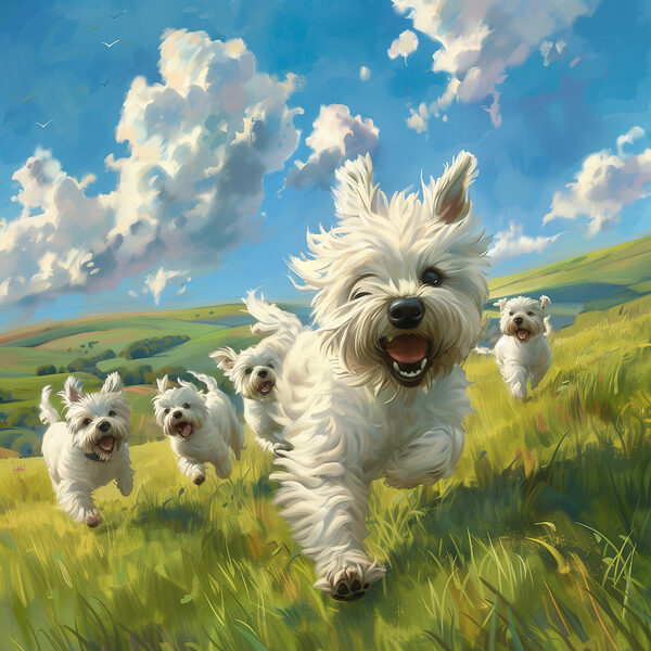 Gruppe von weißen Hunden, die in einem Feld laufen Gruppe von weißen Hunden, die in einem Feld laufen