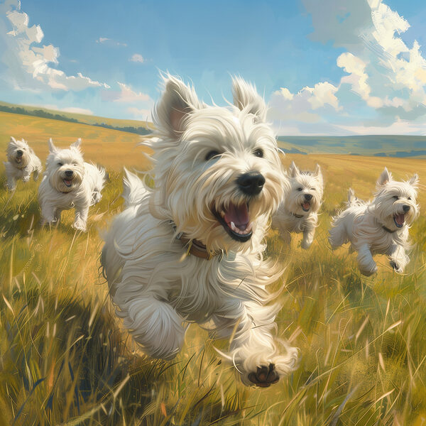 Gruppe von weißen Hunden, die in einem Feld laufen Gruppe von weißen Hunden, die in einem Feld laufen