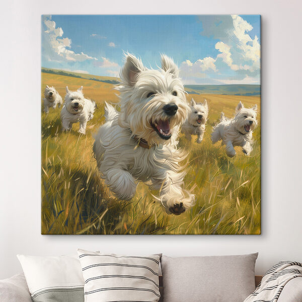 Gruppe von weißen Hunden, die in einem Feld laufen Gruppe von weißen Hunden, die in einem Feld laufen
