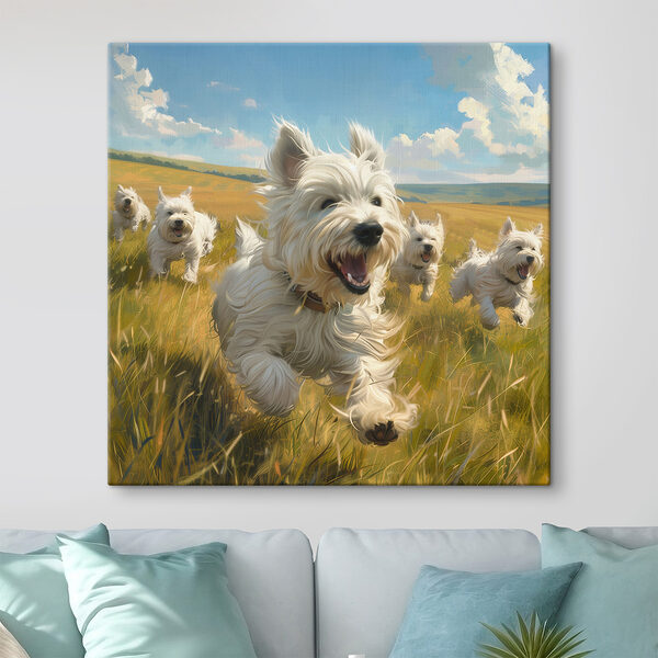 Gruppe von weißen Hunden, die in einem Feld laufen Gruppe von weißen Hunden, die in einem Feld laufen