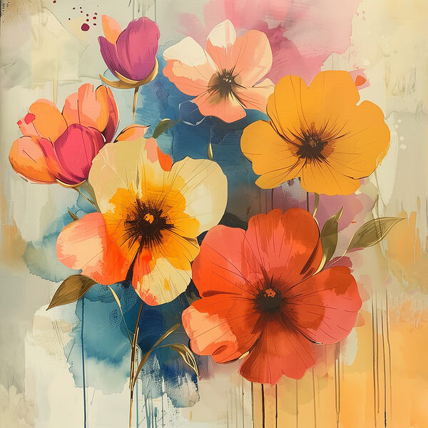 Gemälde mit Blumen an einer Wand Gemälde mit Blumen an einer Wand