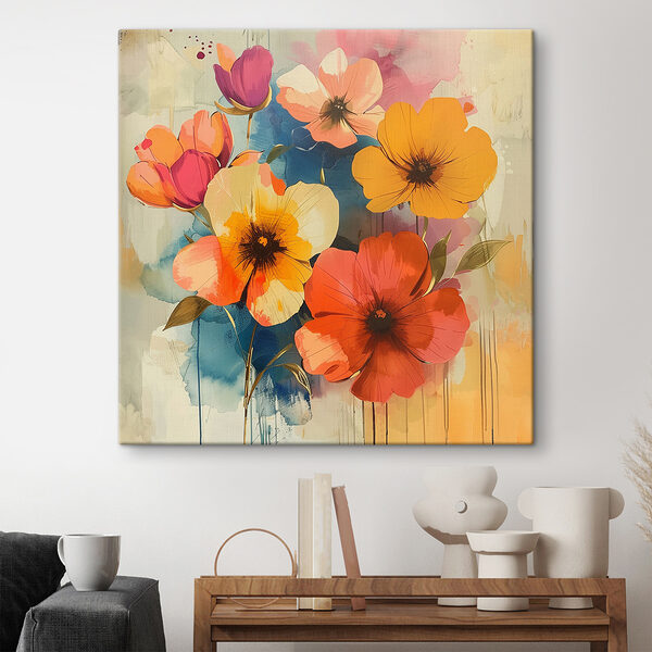 Gemälde mit Blumen an einer Wand Gemälde mit Blumen an einer Wand