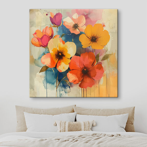 Gemälde mit Blumen an einer Wand Gemälde mit Blumen an einer Wand