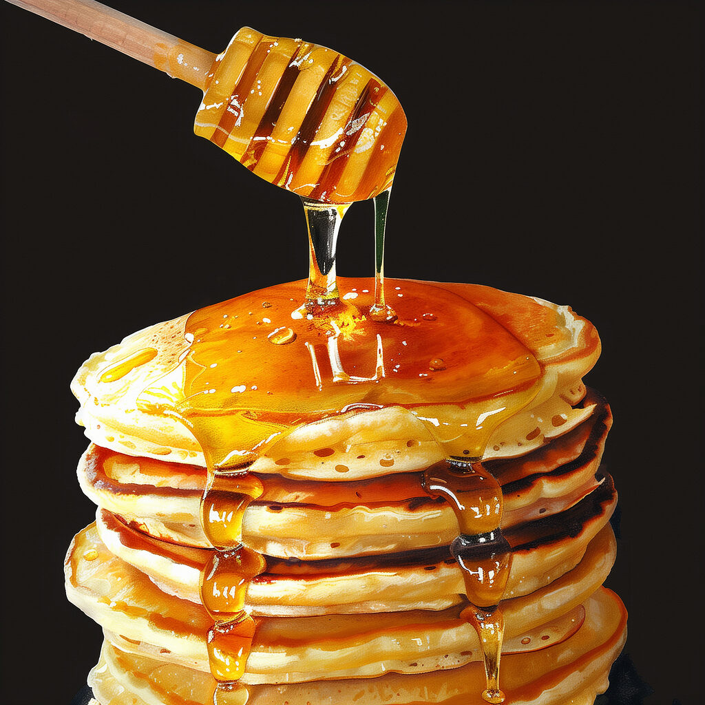 Stack of pancakes with honey dripping from a wooden stick Stack of pancakes with honey dripping from a wooden stick