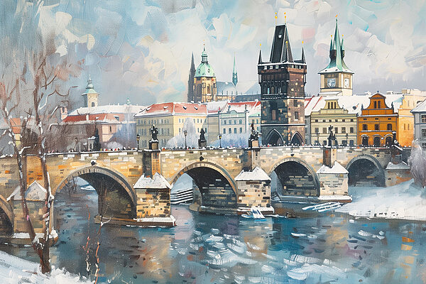 Brücke über Wasser mit Gebäuden und Schnee Brücke über Wasser mit Gebäuden und Schnee