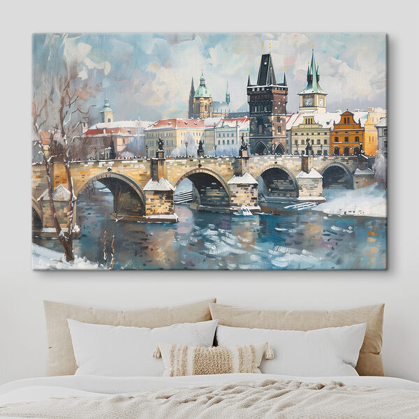 Brücke über Wasser mit Gebäuden und Schnee Brücke über Wasser mit Gebäuden und Schnee
