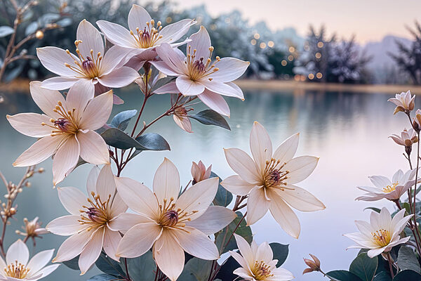 Group of white flowers next to a body of water Group of white flowers next to a body of water