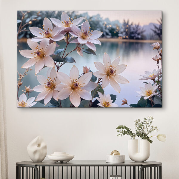 Group of white flowers next to a body of water Group of white flowers next to a body of water