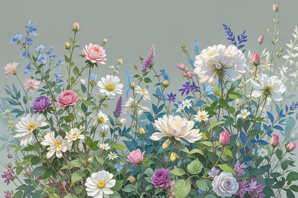 Group of flowers and leaves