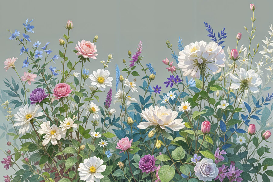 Gruppe von Blumen und Blättern