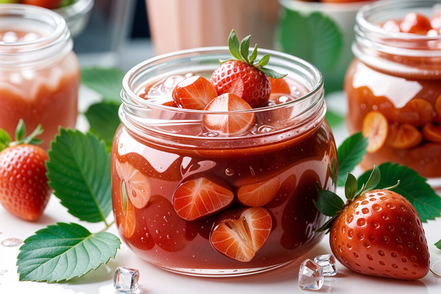 Wandbilder Krug mit roter Flüssigkeit, Erdbeeren und Blättern – Bild 8