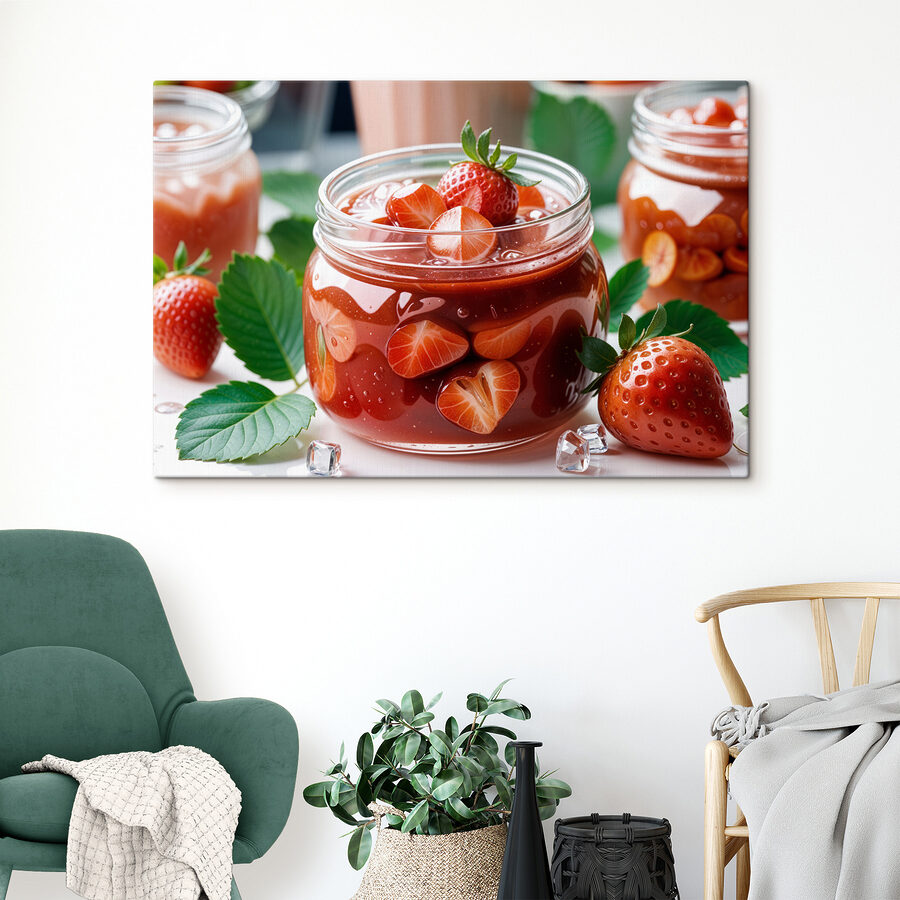 Wandbilder Krug mit roter Flüssigkeit, Erdbeeren und Blättern