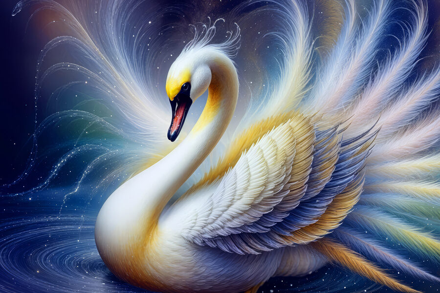 Weißer Schwan mit gelben und blauen Federn