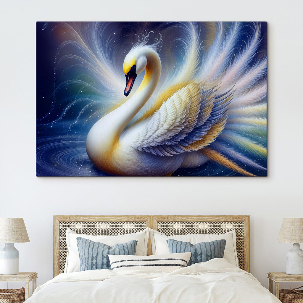 White swan with yellow and blue feathers White swan with yellow and blue feathers