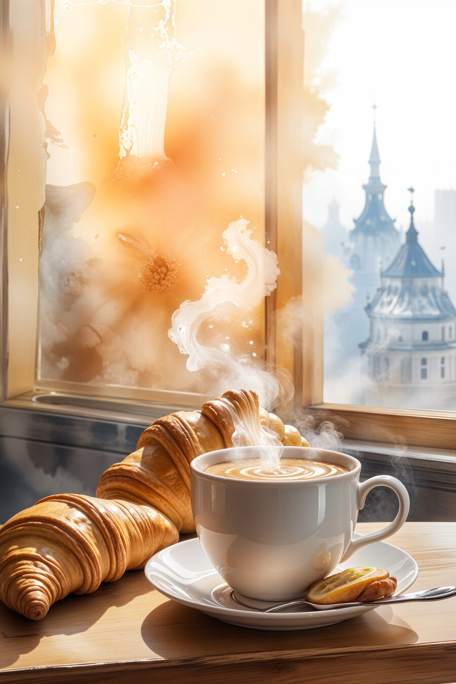 Tasse Kaffee und Croissants auf einem Tisch Tasse Kaffee und Croissants auf einem Tisch