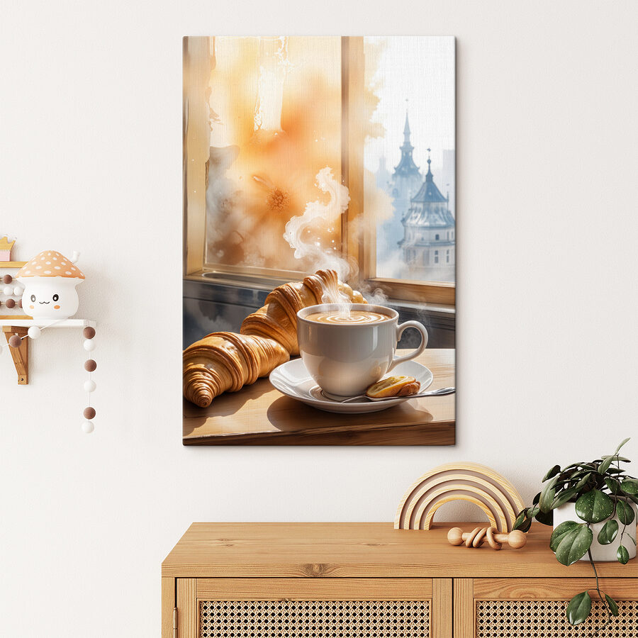 Tasse Kaffee und Croissants auf einem Tisch Tasse Kaffee und Croissants auf einem Tisch