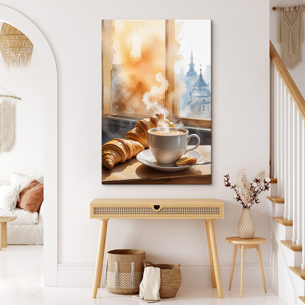 Tasse Kaffee und Croissants auf einem Tisch Tasse Kaffee und Croissants auf einem Tisch