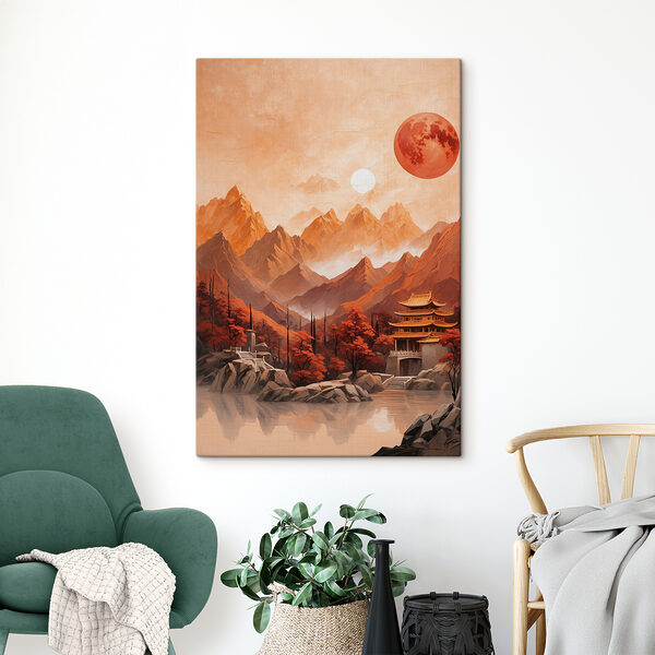 Painting of a temple in the mountains