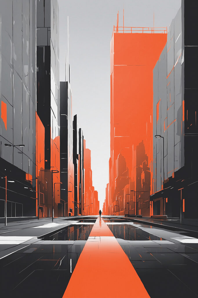 Person walking on a street with tall buildings