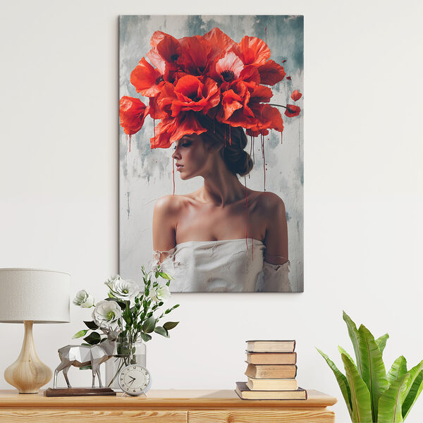 Frau mit roten Blumen auf dem Kopf Frau mit roten Blumen auf dem Kopf