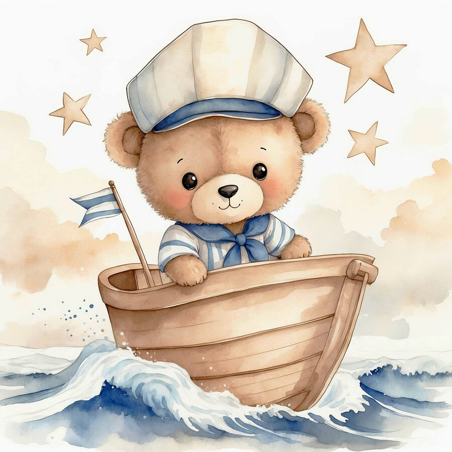 Aquarell eines Teddys in einem Boot