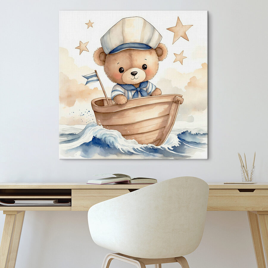 Aquarell eines Teddys in einem Boot