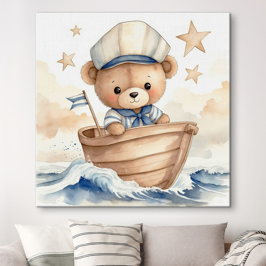 Aquarell eines Teddys in einem Boot