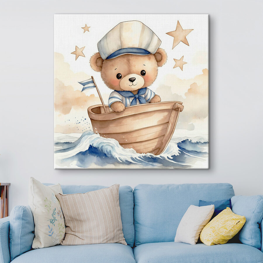 Aquarell eines Teddys in einem Boot