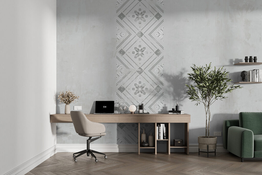 Grey and white pattern on a white surface