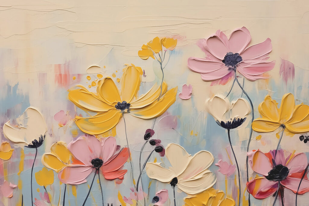 Malerei von Blumen auf einer weißen Fläche Malerei von Blumen auf einer weißen Fläche