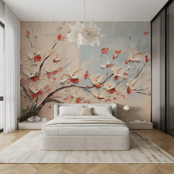 Gemälde eines Baumes mit weißen Blumen Gemälde eines Baumes mit weißen Blumen