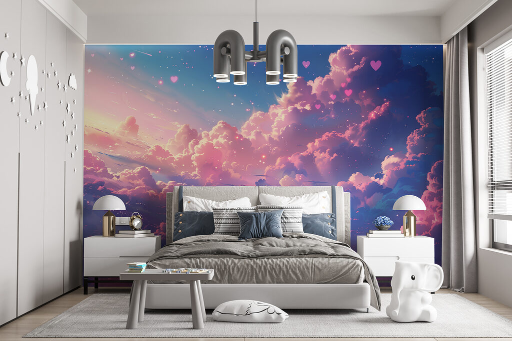 Colorful sky with clouds and hearts